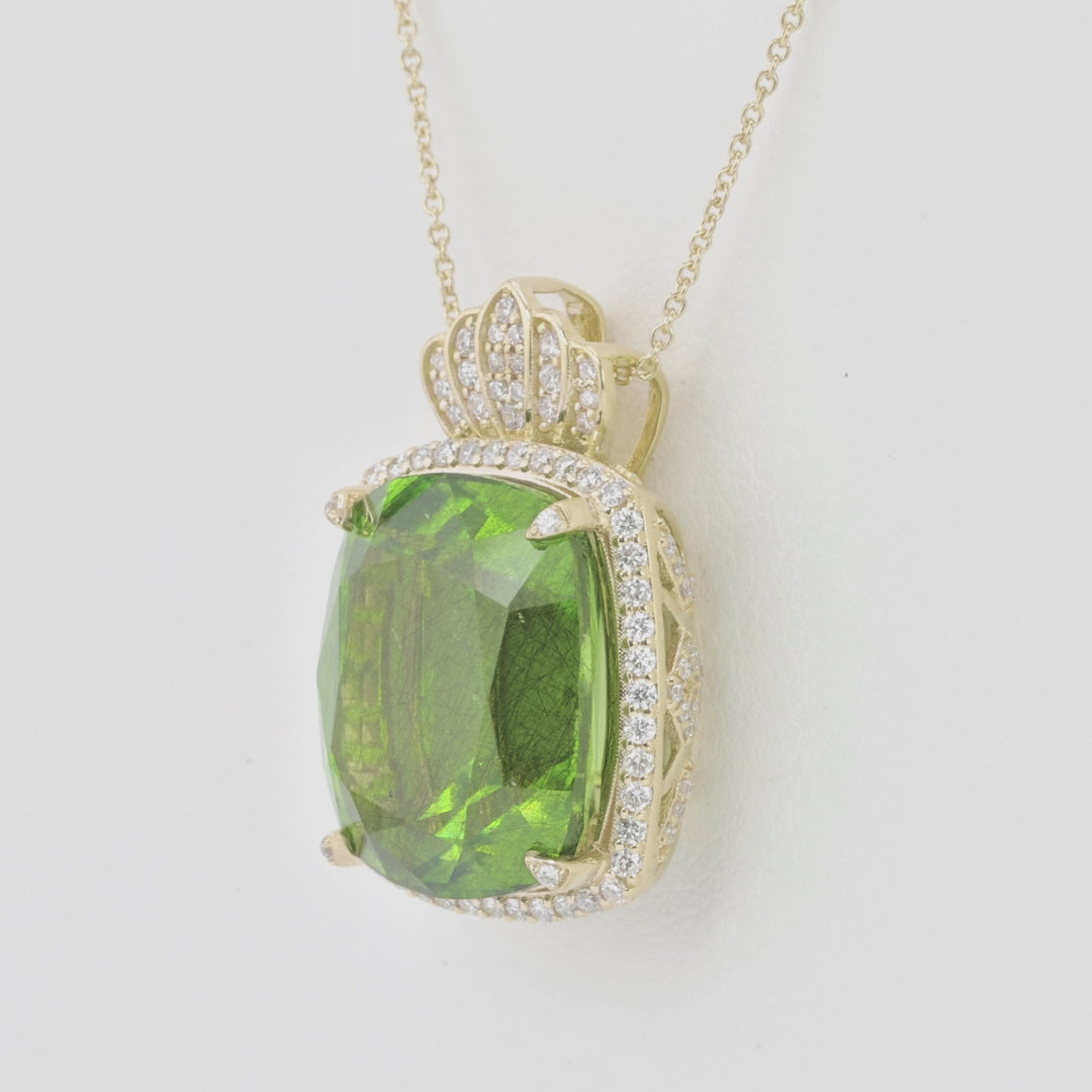 19.66 Cts Peridot and White Diamond Pendant in 18K Yellow Gold