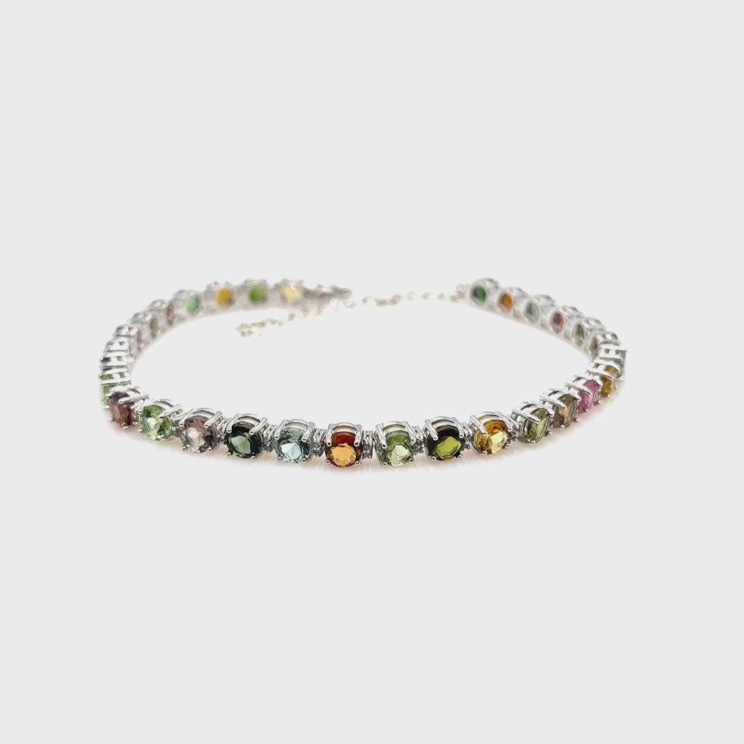 10.82 Cts Multi Tourmaline and White Zircon Tennis Bracelet in 925 Sterling Silver