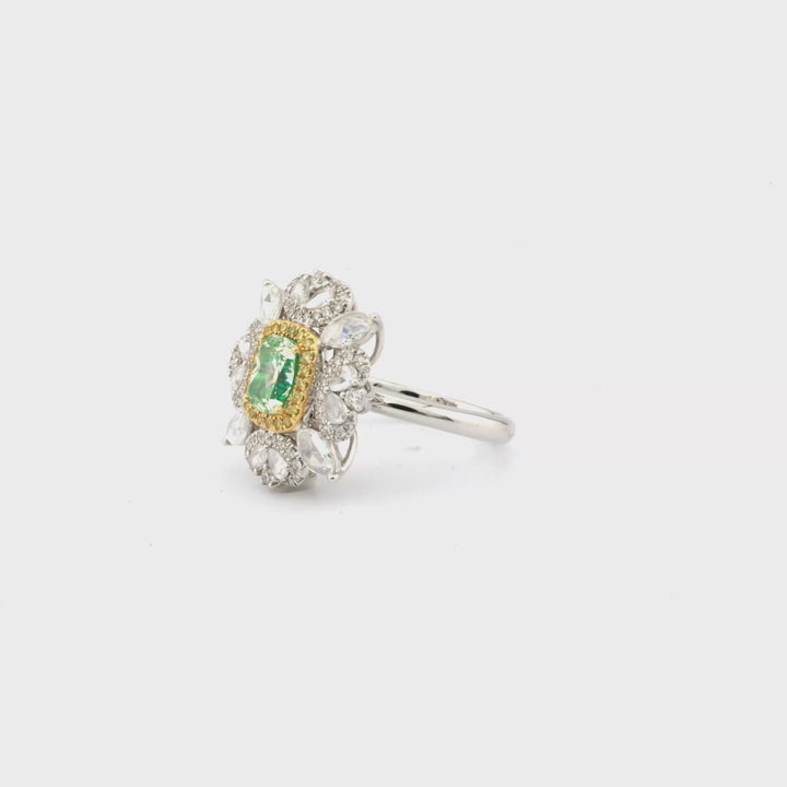 1.36 Cts Green Diamond and White Diamond Ring in 18K Two Tone