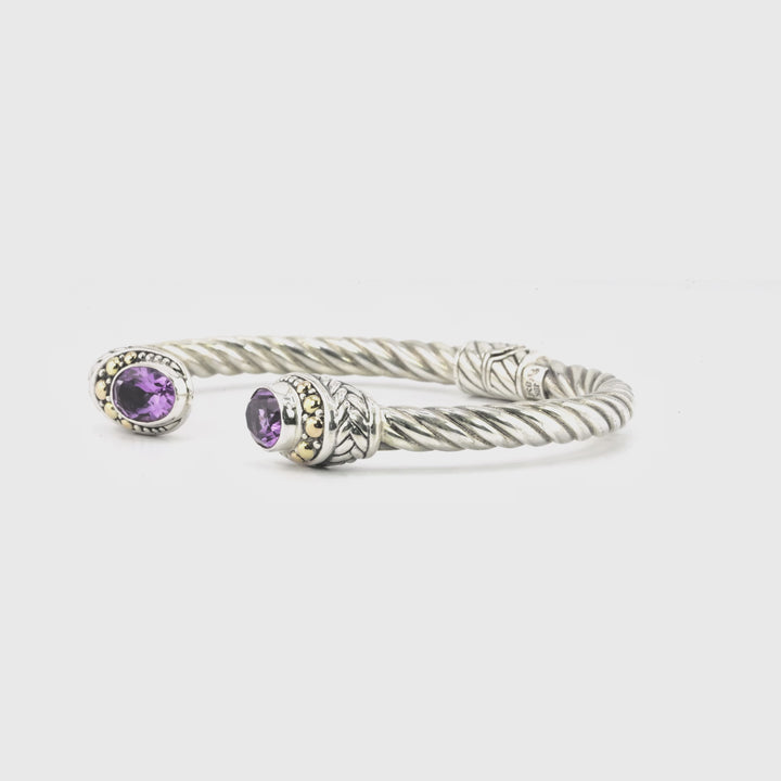 1.20 Cts Amethyst Cuff Bracelet in Two Tone 925 Silver