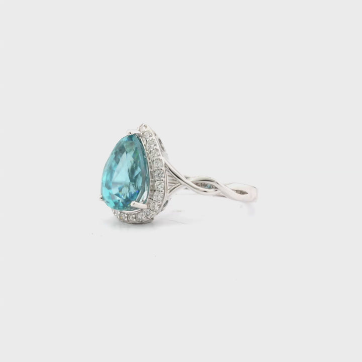 6.81 Cts Blue Zircon and White Diamond Ring in 14K White Gold
