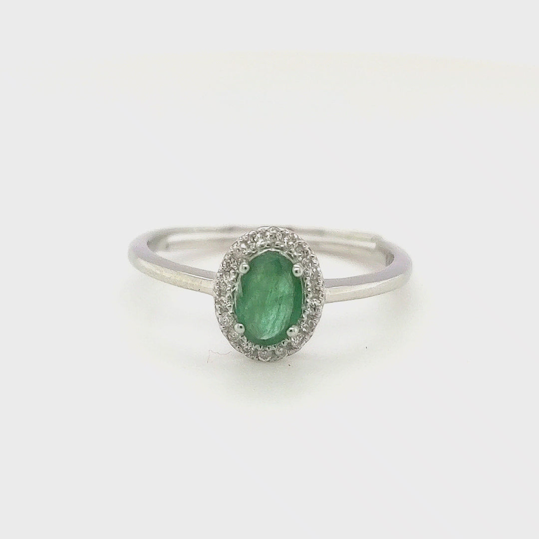 0.45 Cts Emerald and White Diamond Ring in 14K White Gold