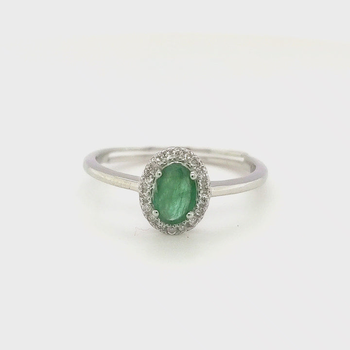 0.45 Cts Emerald and White Diamond Ring in 14K White Gold