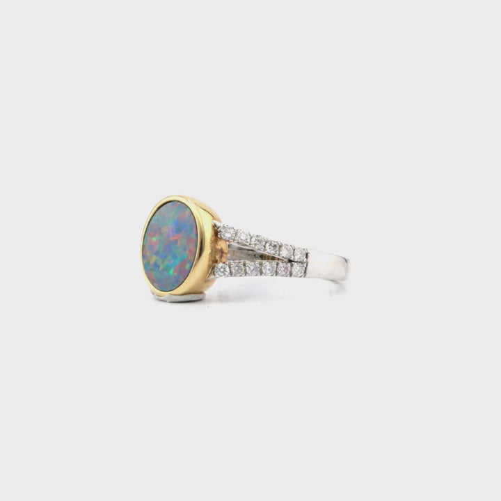 1.33 Cts Austrlian Opal Doublet and White Diamond Ring in 14K Two Tone