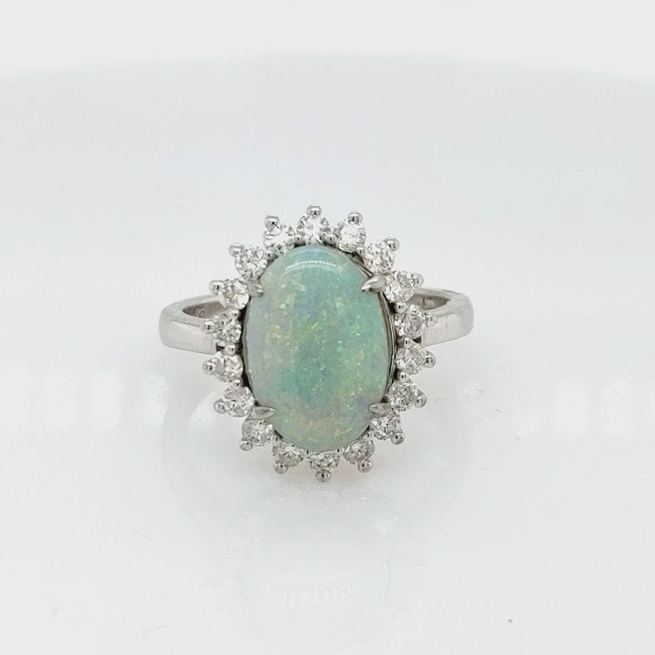 3.05 Cts Australian Opal and White Diamond Ring in 18K White Gold