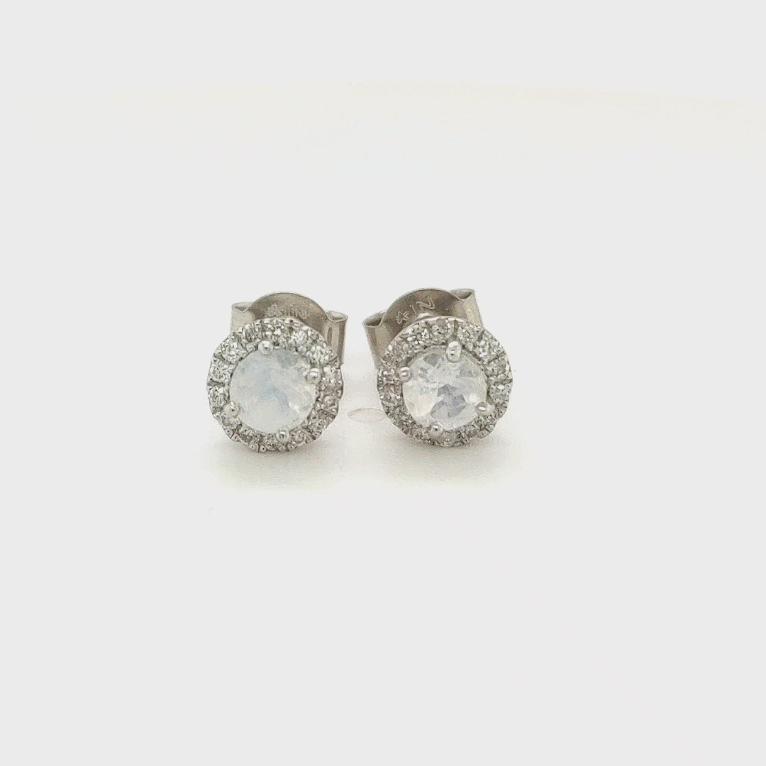 0.50 Cts Rainbow Moonstone and White Diamond Earring in 14K White Gold