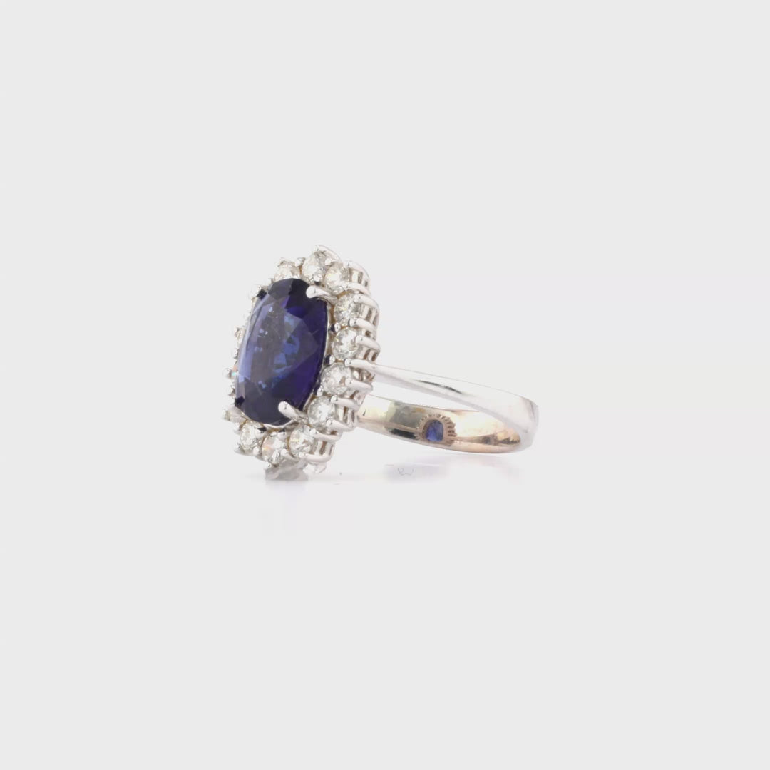 3.73 Cts Blue Sapphire and White Diamond Ring in 14K White Gold
