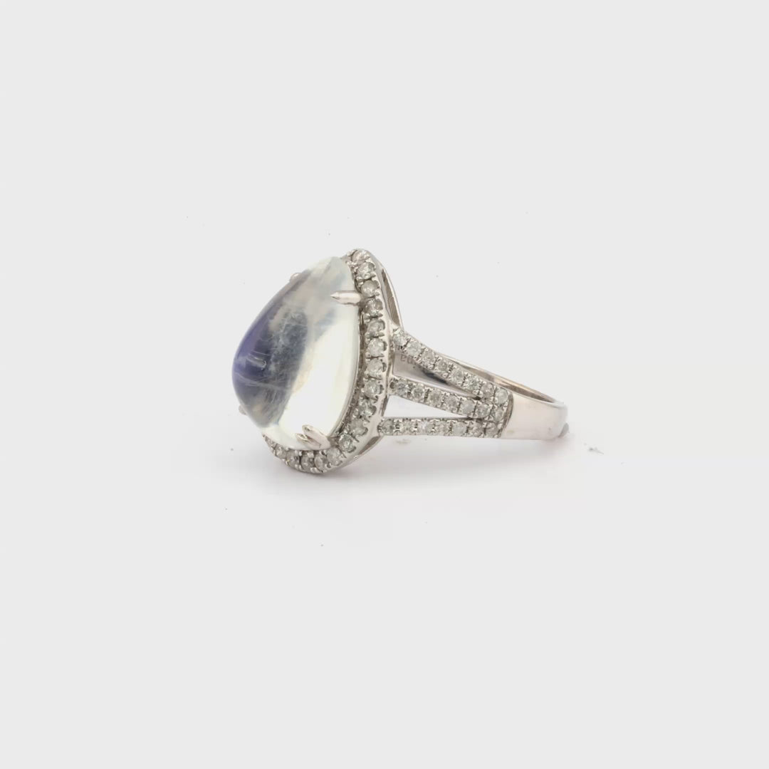 6.3 Cts Moonstone and White Diamond Ring in 14K White Gold