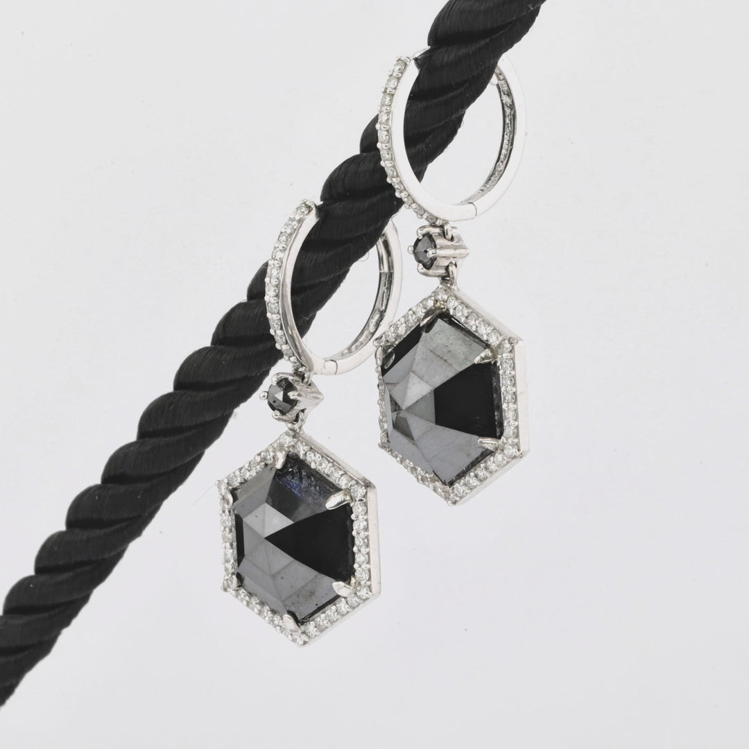10.9 Cts Black Diamond and White Diamond Earring in 14K White Gold