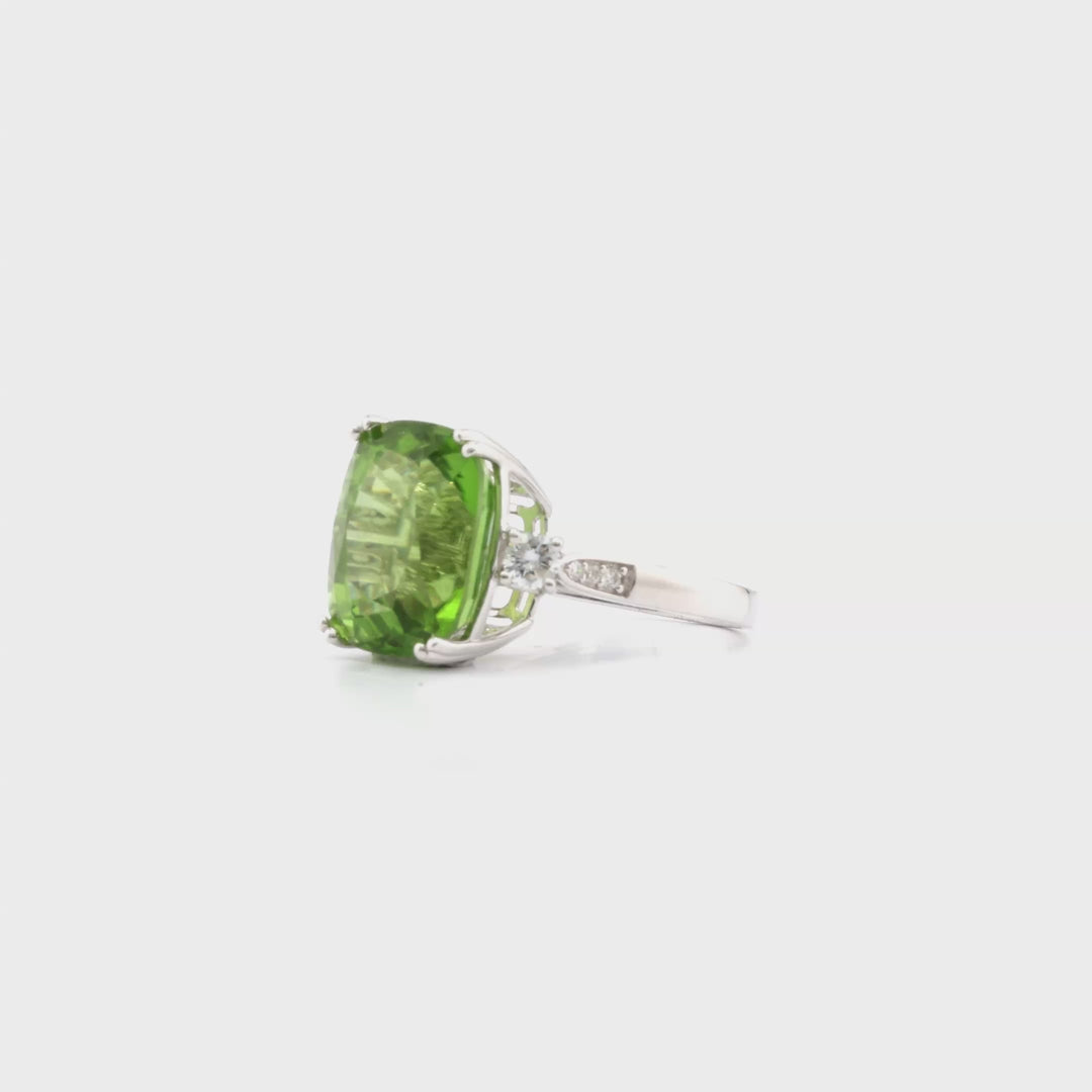 12.98 Cts Peridot and White Diamond Ring in 14K White Gold