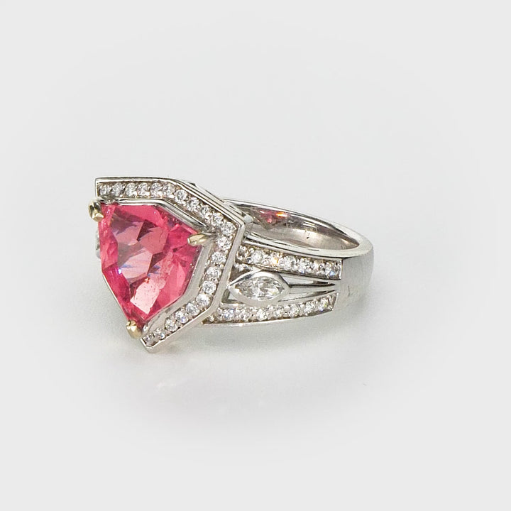 2.98 Cts Rhodochrosite and White Diamond Ring in 14K White Gold