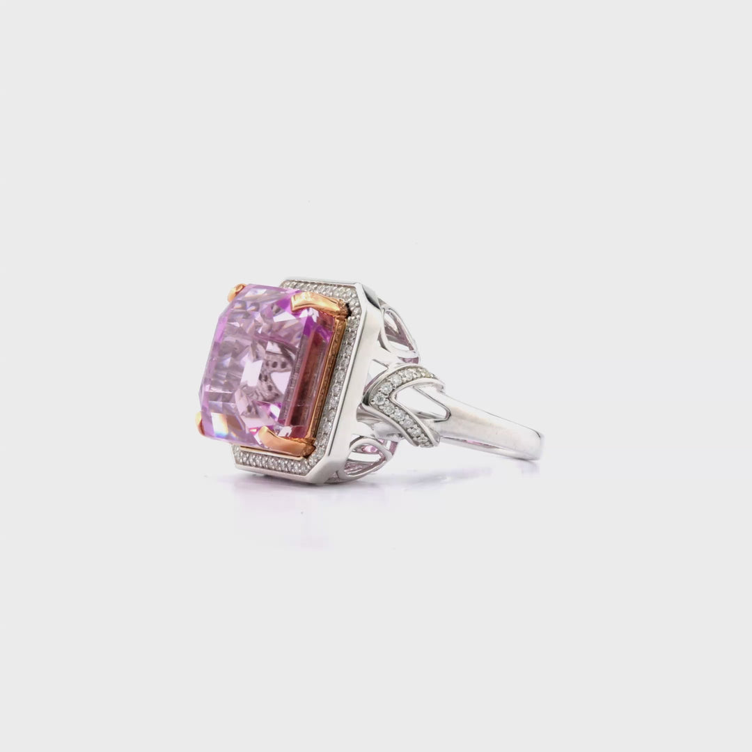 26.78 Cts Kunzite and White Diamond Ring in 14K Two Tone