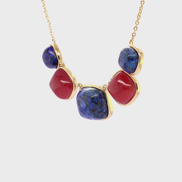 Lapis Lazuli and Ruby Colored Beryl 5 Stone Necklace in Brass