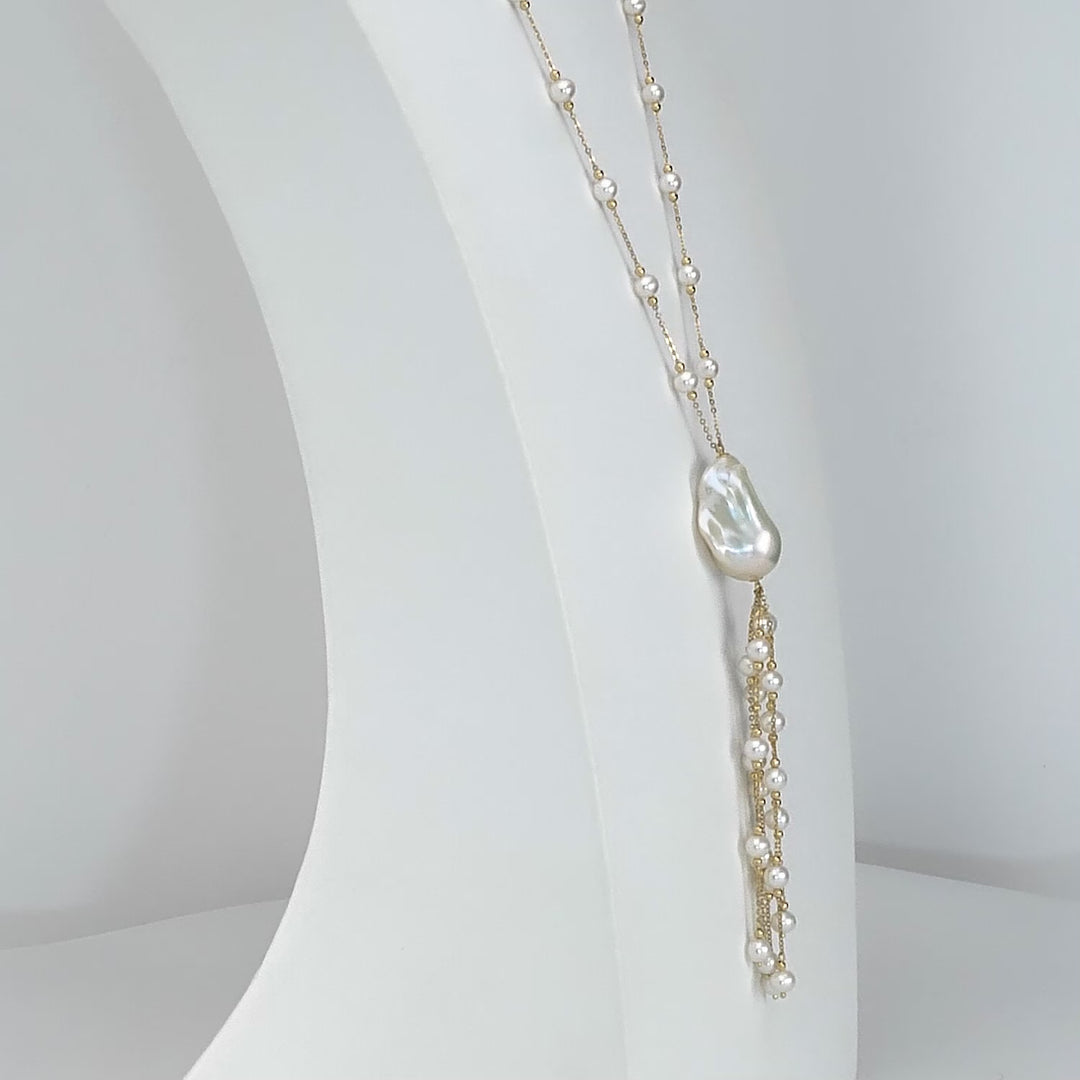 Pearl Beaded Tassel Necklace in 18K YG
