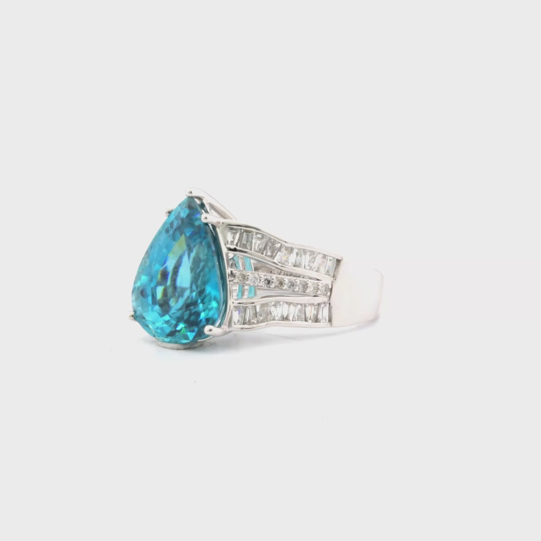 10.9 Cts Blue Zircon and White Diamond Ring in 14K White Gold