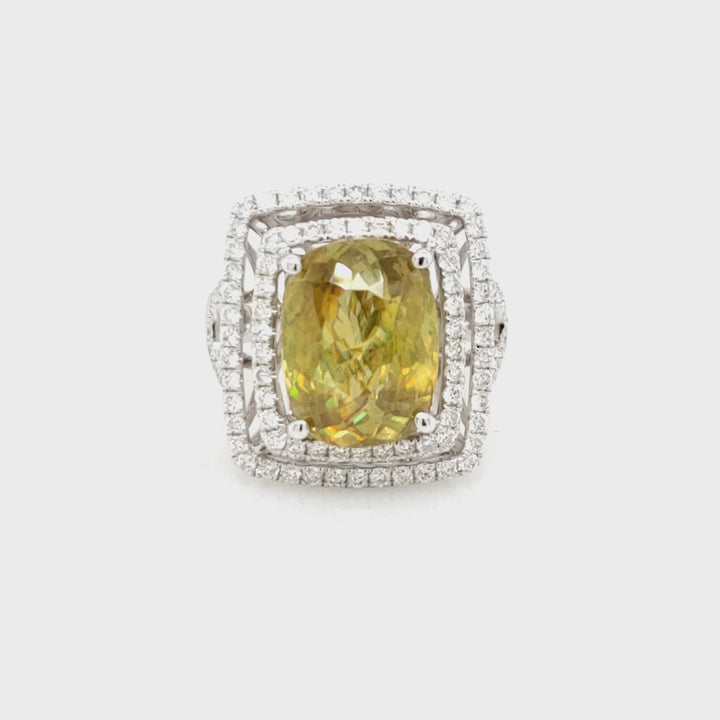 8.08 Cts Sphene and White Diamond Ring in 14K White Gold
