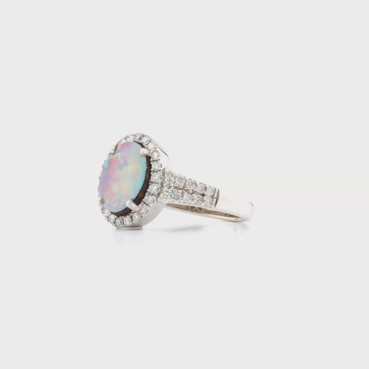 1.82 Cts Australian Opal Doublet and White Diamond Ring in 14K White Gold
