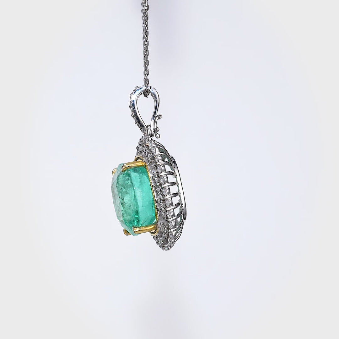 22.35 Cts Colombian Emerald and White Diamond Pendant in 14K Two Tone
