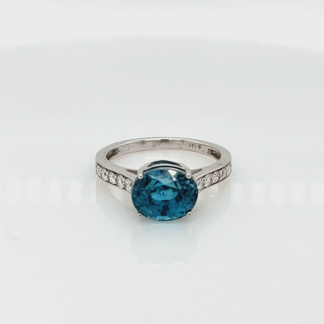 6.25 Cts Blue Zircon and White Diamond Ring in 14K White Gold