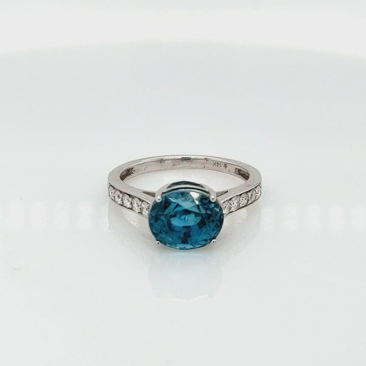 6.25 Cts Blue Zircon and White Diamond Ring in 14K White Gold