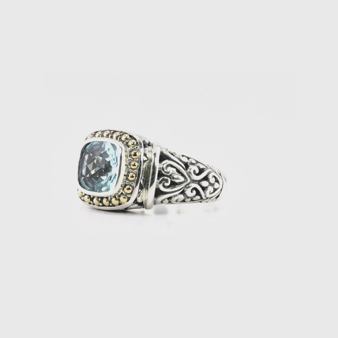 0.70 Cts Blue Topaz Halo Ring in Two Tone 925 Silver