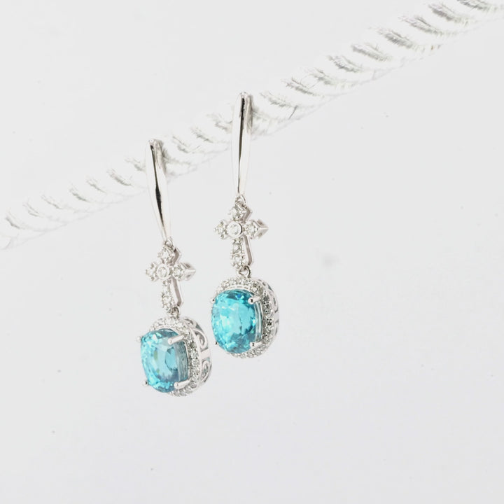 8.69 Cts Blue Zircon and White Diamond Earring in 14K White Gold
