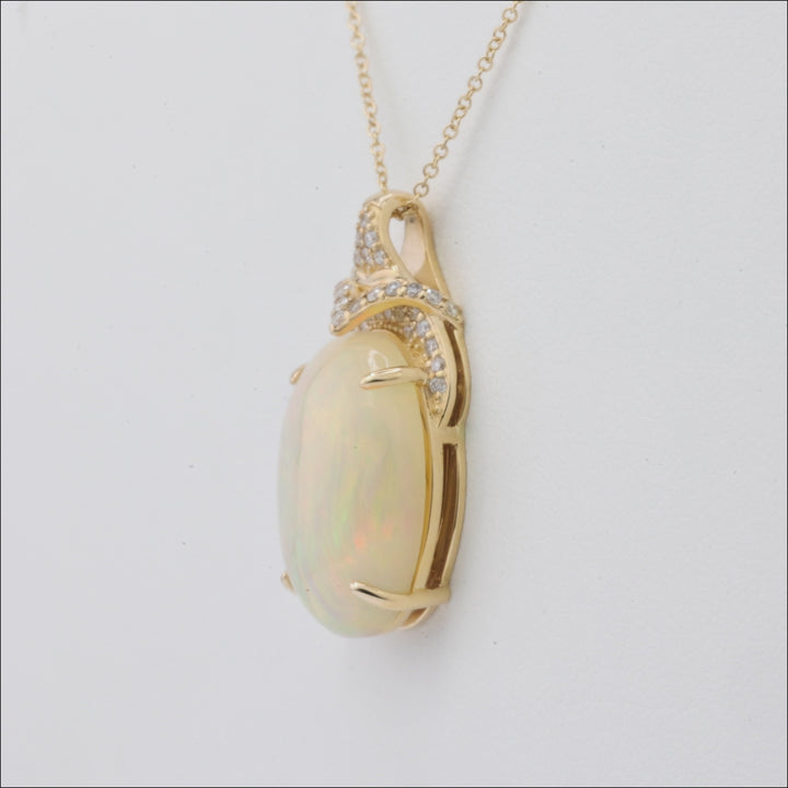 6.83 Cts White Opal and White Diamond Pendant in 14K Yellow Gold