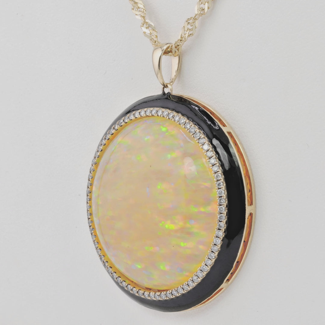 48.6 Cts White Opal and White Diamond Pendant in 14K Yellow Gold