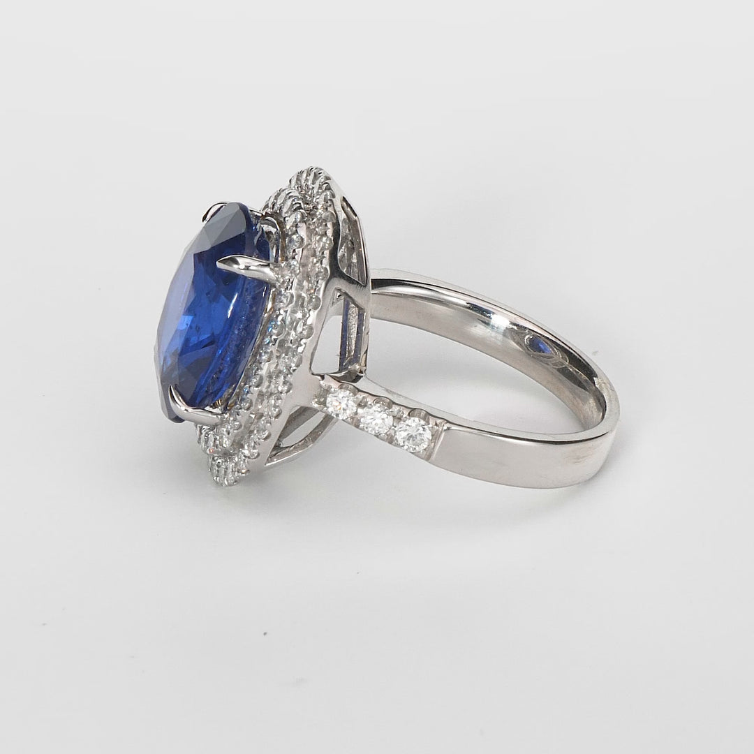 8.09 Cts Blue Sapphire and White Diamond Ring in 14K White Gold