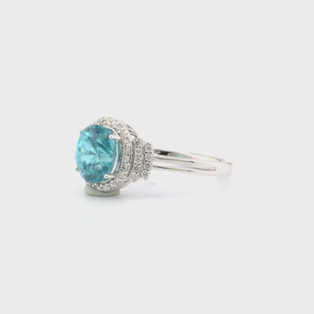4.16 Cts Blue Zircon and White Diamond Ring in 14K White Gold
