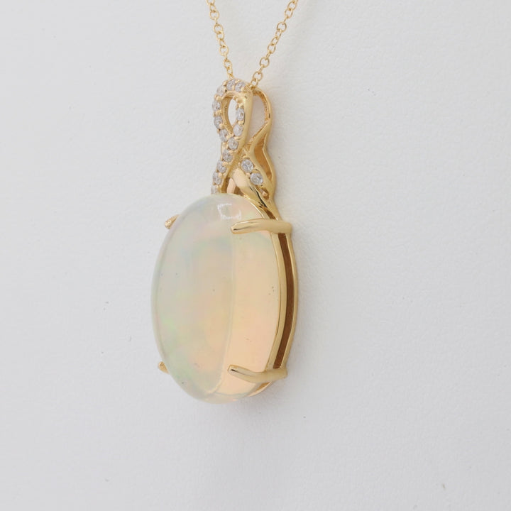 6.91 Cts White Opal and White Diamond Pendant in 14K Yellow Gold