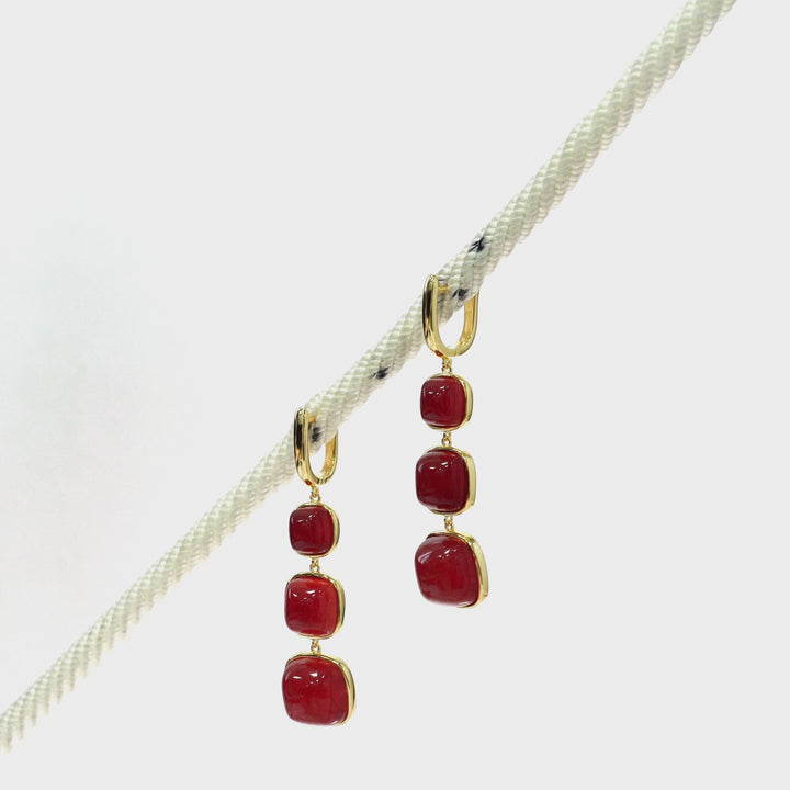 Ruby Colored Beryl 3 Stone Earring in Brass