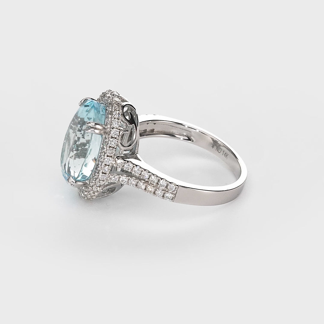 6.36 Cts Aquamarine and White Diamond Ring in 14K White Gold