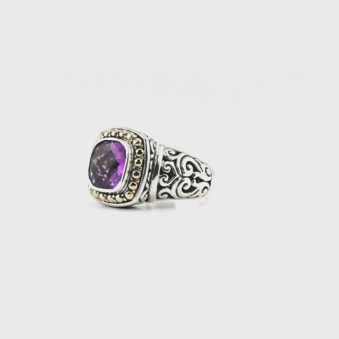 1.00 Cts Amethyst Halo Ring in Two Tone 925 Silver