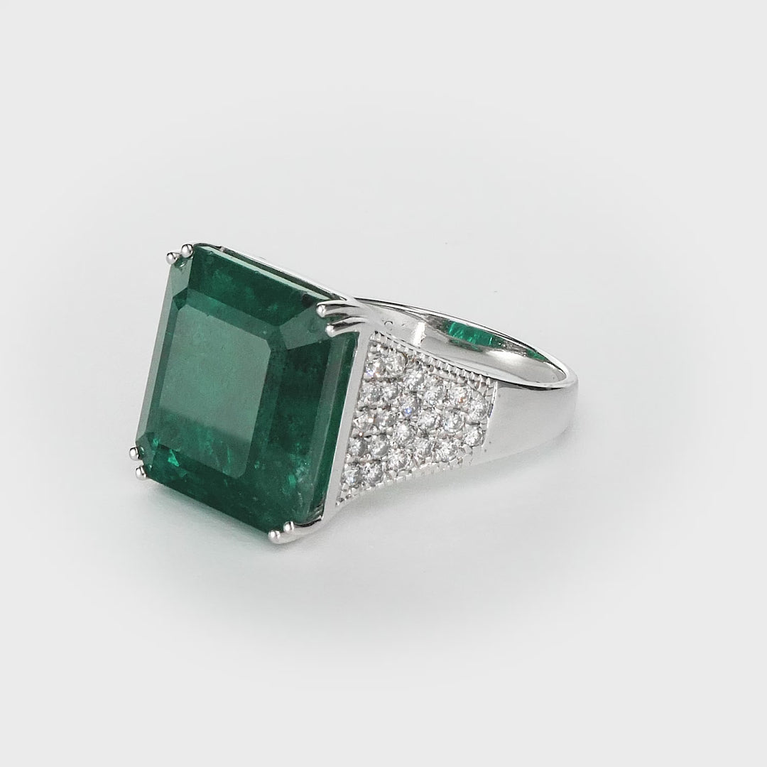 21.13 Cts Emerald and White Diamond Ring in 14K White Gold