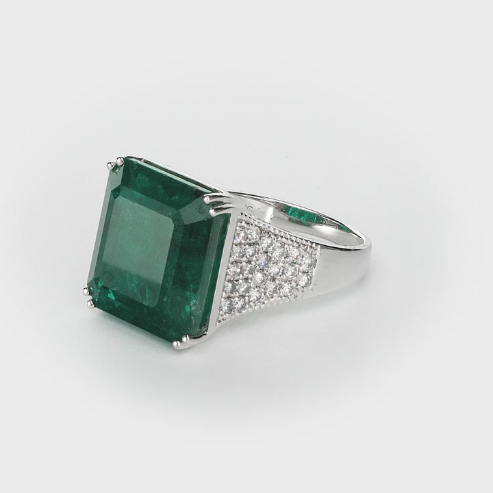 21.13 Cts Emerald and White Diamond Ring in 14K White Gold