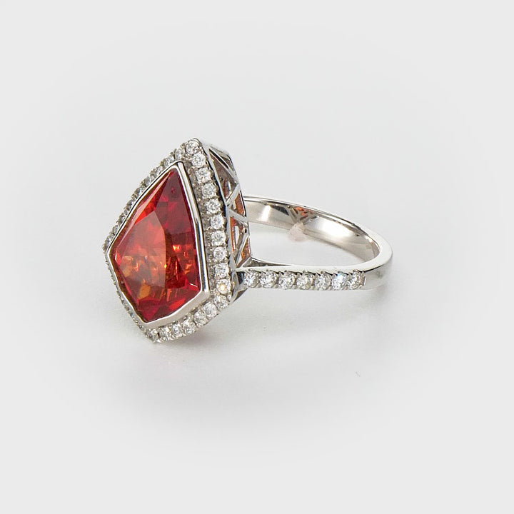 6.65 Cts Rhodochrosite and White Diamond Ring in 14K White Gold