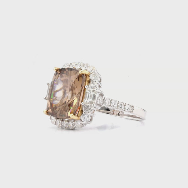 12.36 Cts Brown Zircon and White Diamond Ring in 14K Two Tone