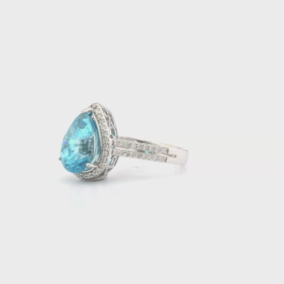 7.99 Cts Blue Zircon and White Diamond Ring in 14K White Gold