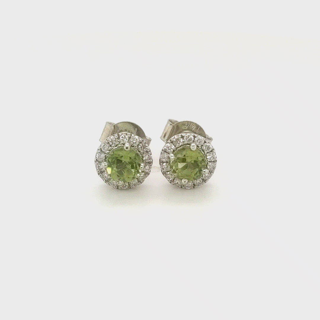 0.74 Cts Peridot and White Diamond Earring in 14K White Gold