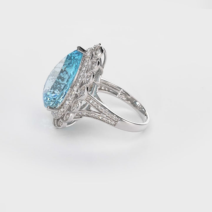 12.54 Cts Aquamarine and White Diamond Ring in 14K White Gold