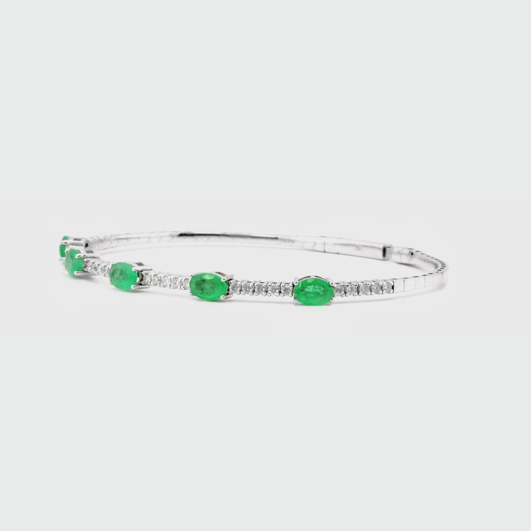 3 Cts Emerald and White Diamond Flex Bangle in 14K White Gold