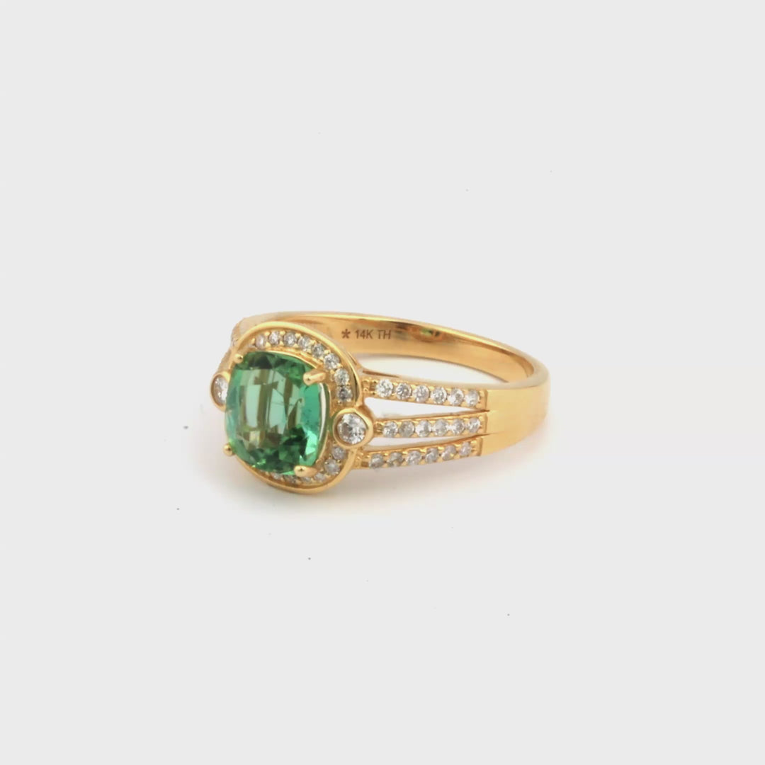 2 Cts Green Tourmaline and White Diamond Ring in 14K Yellow Gold