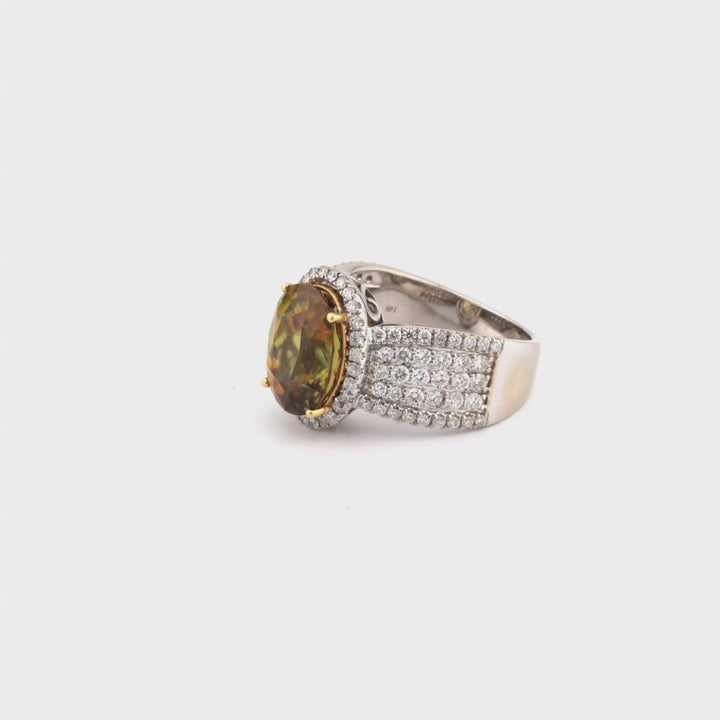 6.45 Cts Sphene and White Diamond Ring in 14K Two Tone