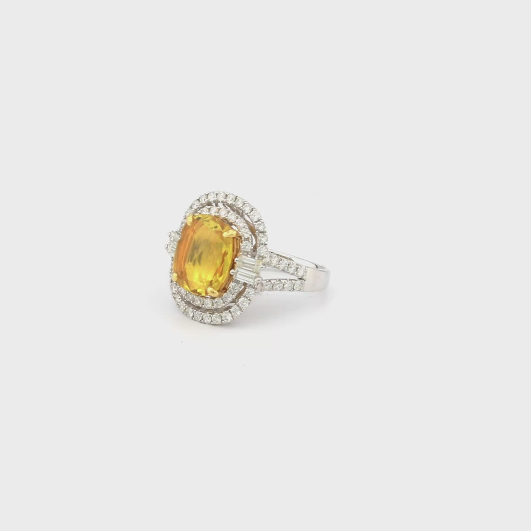 3.95 Cts Yellow Sapphire and White Diamond Ring in 18K Two Tone