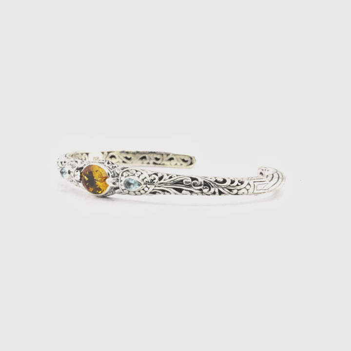 1.20 Cts Citrine and Blue Topaz Cuff Bracelet in Oxidized 925 Silver