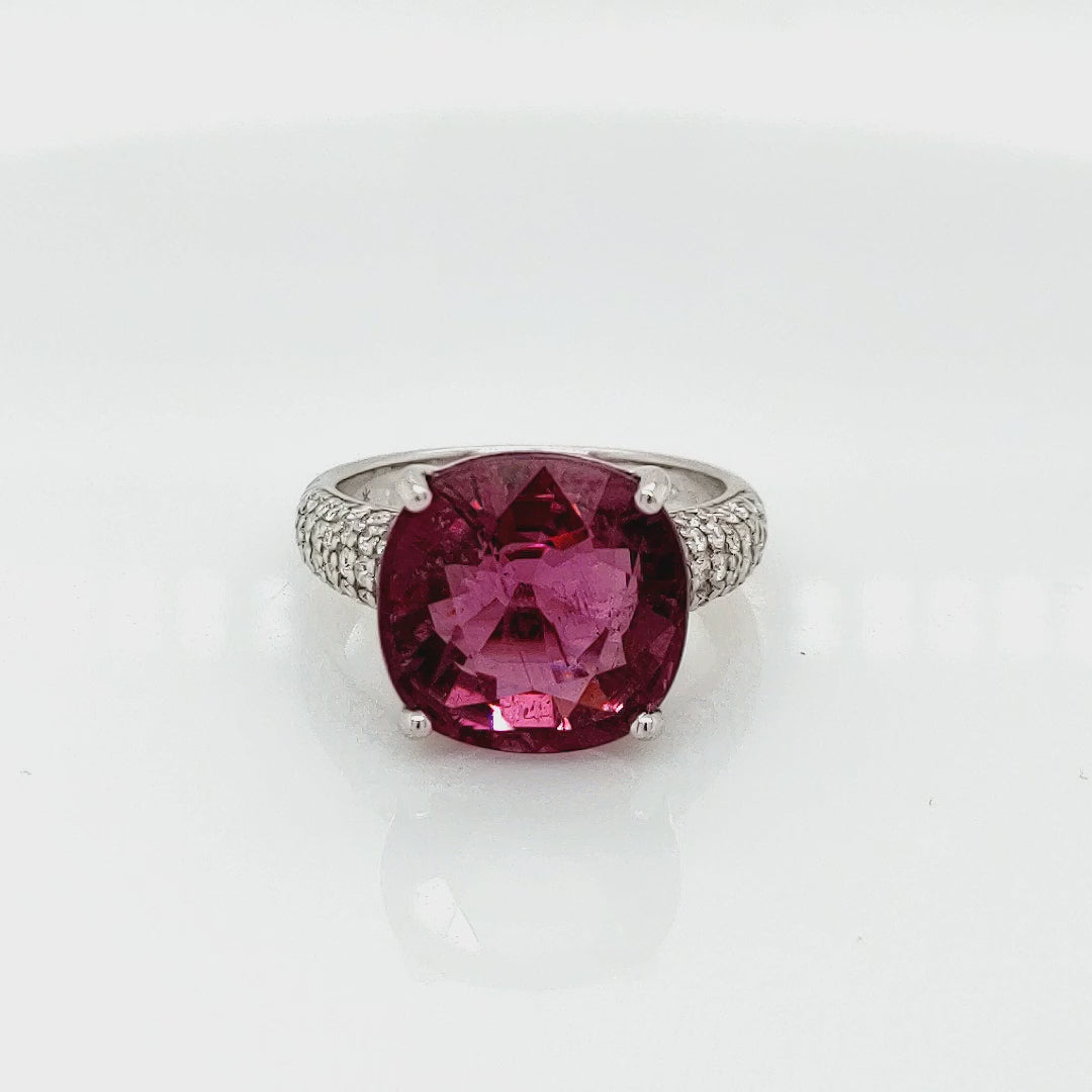 10.60 Cts Rubellite and White Diamond Ring in 14K White Gold
