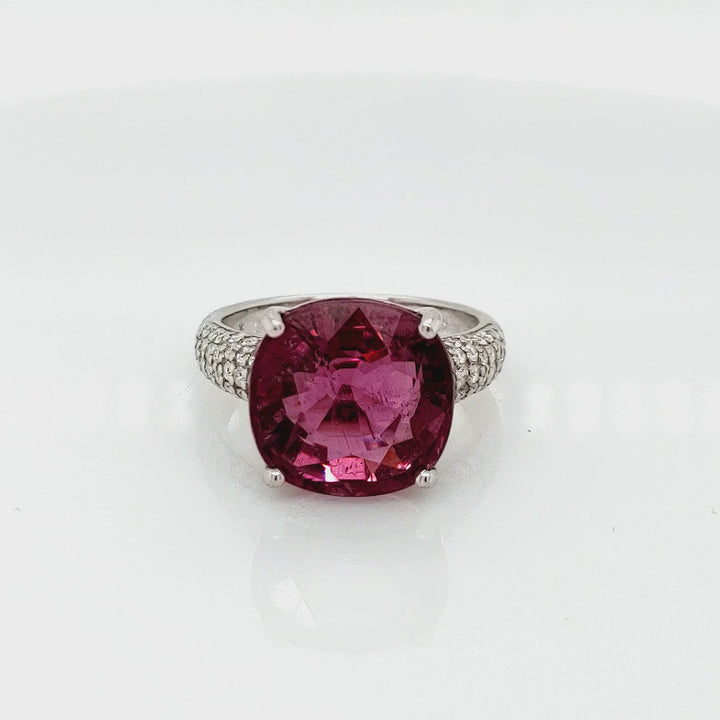 10.60 Cts Rubellite and White Diamond Ring in 14K White Gold