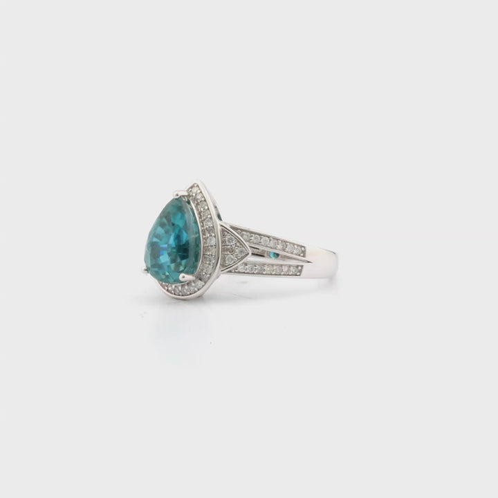 5.8 Cts Blue Zircon and White Diamond Ring in 14K White Gold