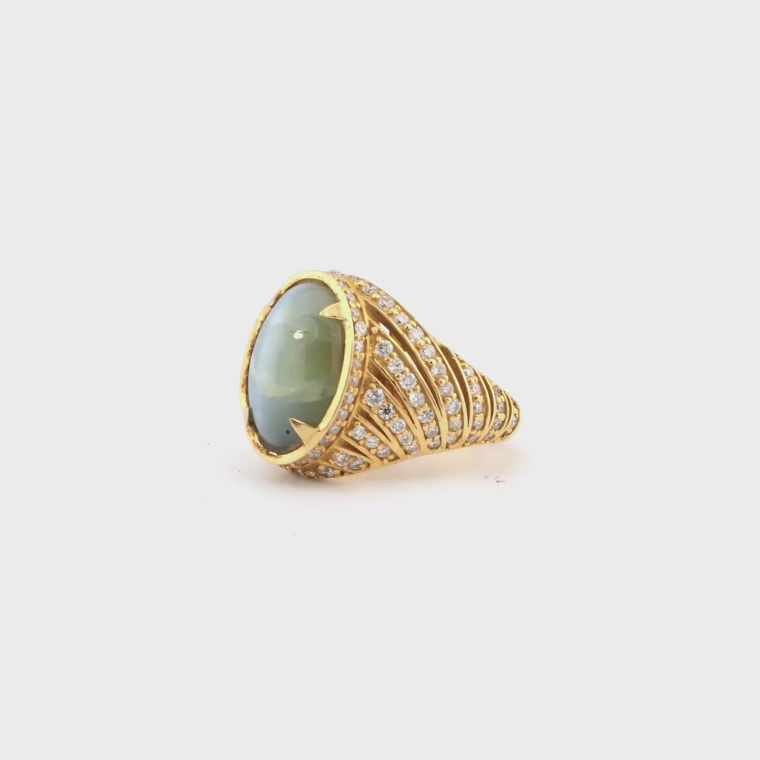 9.2 Cts Chrysoberyl and White Diamond Ring in 14K Yellow Gold